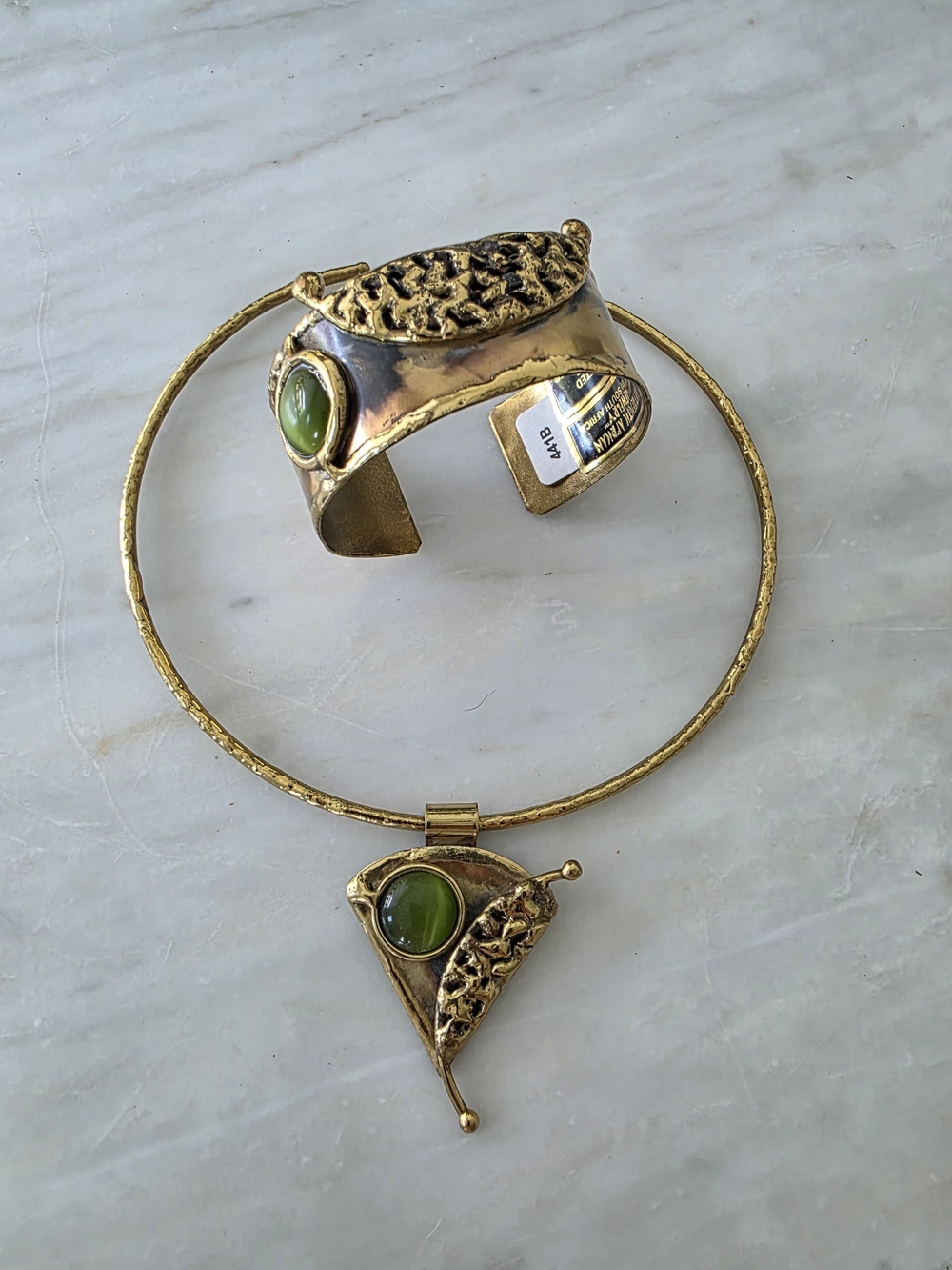 Authentic African Handmade Choker And Cuff with Green Cabochon Stones